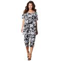 Plus Size Women's Printed Henley Capri Set by Roaman's in Black Island Leaves (Size 34/36) Matching Jersey T-Shirt and Capri Pants