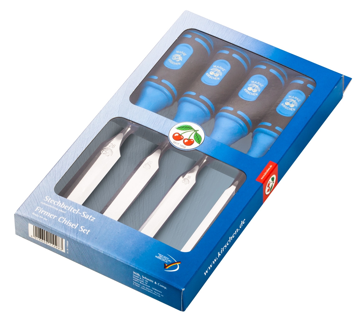 Kirschen 4-teiliger Stechbeitelsatz 1008 mit 2-Komponentenheft im SB-Karton bestehend aus 10+16+20+26mm Image