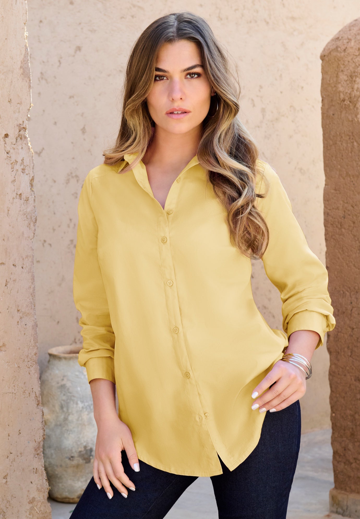 Plus Size Women's Plus Size Kate Long Sleeve Easy Cotton-Blend Button-Front Shirt by Roaman's in Banana (Size 22 W) Button Down Shirt Blouse