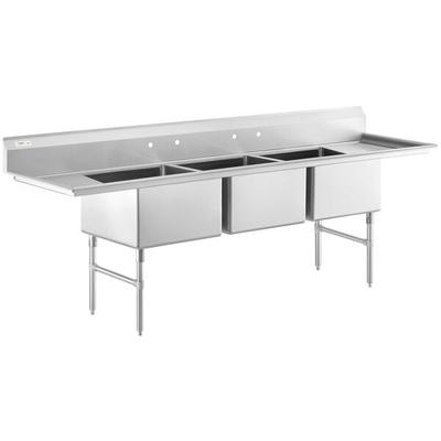 Regency 112" 16 Gauge Stainless Steel Three Compartment Commercial Sink with Stainless Steel Legs, Cross Bracing, and 2 Drainboards - 24" x 24" x 14" Bowls