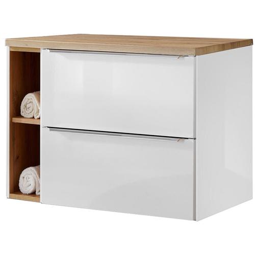 Waschtischunterschrank Set mit Regal 81cm TOSKANA-56 Hochglanz weiß & Wotaneiche b/h/t ca.
