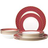 Noritake Crochet 12-Piece Dinnerware Set, Service for 4 Bone China/Ceramic in Gray/Red/White | Wayfair 4966-12E