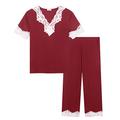Amorbella Womens Capri Pyjamas/PJs Set Short Sleeve Bamboo Soft V-Neck Lace Crop Pants Jersey Knit Comfortable Nightwear (Wine Red, Medium)