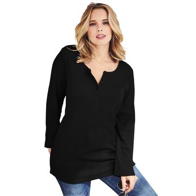 Plus Size Women's Thermal Henley Tunic by Roaman's in Black (Size 2X) Long Sleeve Shirt