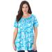 Plus Size Women's Swing Ultimate Tee with Keyhole Back by Roaman's in Ocean Graphic Leaves (Size S) Short Sleeve T-Shirt