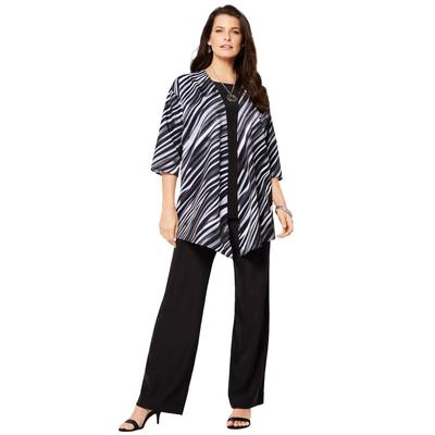 Plus Size Women's Three-Piece Pantsuit by Roaman's in Black Abstract Stripe (Size 16 W)