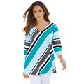 Plus Size Women's Diagonal Stripe V-Neck Tee by Roaman's in Paradise Turq Multi (Size 2X) Shirt