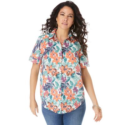 Plus Size Women's Plus Size Kate Short Sleeve Easy Cotton-Blend Button-Front Shirt by Roaman's in Orange Paradise Garden (Size 12 W) Button Down Shir