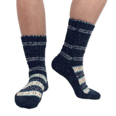 'Hand-Knit Midnight Blue Thick Slipper Style Socks from India'