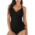 HAIVIDO Women's V Neck Tankini Set Criss Cross Back Tankini Top with Bikini Bottom Two Piece Bathing Suits, Black, XX-Large