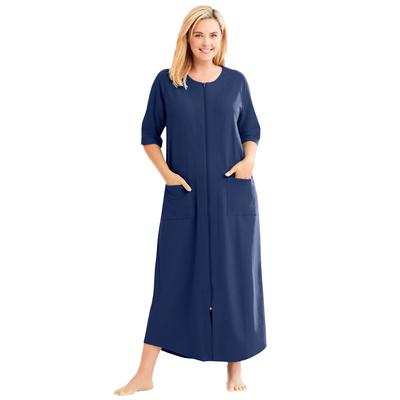 Plus Size Women's Long French Terry Zip-Front Robe by Dreams & Co. in Evening Blue (Size 1X)