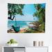 East Urban Home Beach Tapestry, Tropical Ocean Scenery w/ Palm Trees & Fishing Boats Caribbean Landscape | 23 H x 28 W in | Wayfair