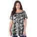 Plus Size Women's Swing Ultimate Tee with Keyhole Back by Roaman's in Black Graphic Leaves (Size 1X) Short Sleeve T-Shirt