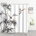 Ensemble de rideaux de douche peinture à l'encre feuilles de bambou oiseau paysage de plantes