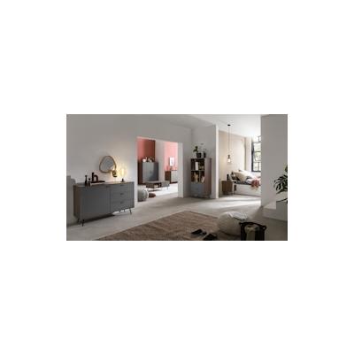 SalesFever Bücherregal mit 4 offenen Fächern und 2 Schubladen | MDF | Füße Metall | B 60 x T 39,6 x H 138 cm | grau-waln