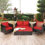 Etta Avenue™ Langston 5 Piece Rattan Sofa Seating Group w/ Cushion Synthetic Wicker/All - Weather Wicker/Wicker/Rattan in Red | Outdoor Furniture | Wayfair