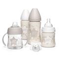 Suavinex-Set für Neugeborene, 2x Babyflasche 270 ml + Babyflasche 150 ml + Babyflasche 150 ml mit Griffen + physiologischer Babyschnuller -2-4 Monate mit Silikon-Sauger, Farbe weiß