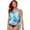 Plus Size Women's Side Tie Blouson Tankini Top by Swimsuits For All in Blue Palm (Size 34)