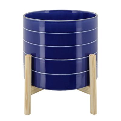 "10"" Striped Planter With Wood Stand, Navy - Sagebrook Home 15896-01"