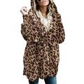 GOSOPIN Women Casual Oversized Hooded Coat with Pocket Leopard Printed Long Sleeve Fluffy Cardigan Jacket Winter Warm Fleece Outerwear Large