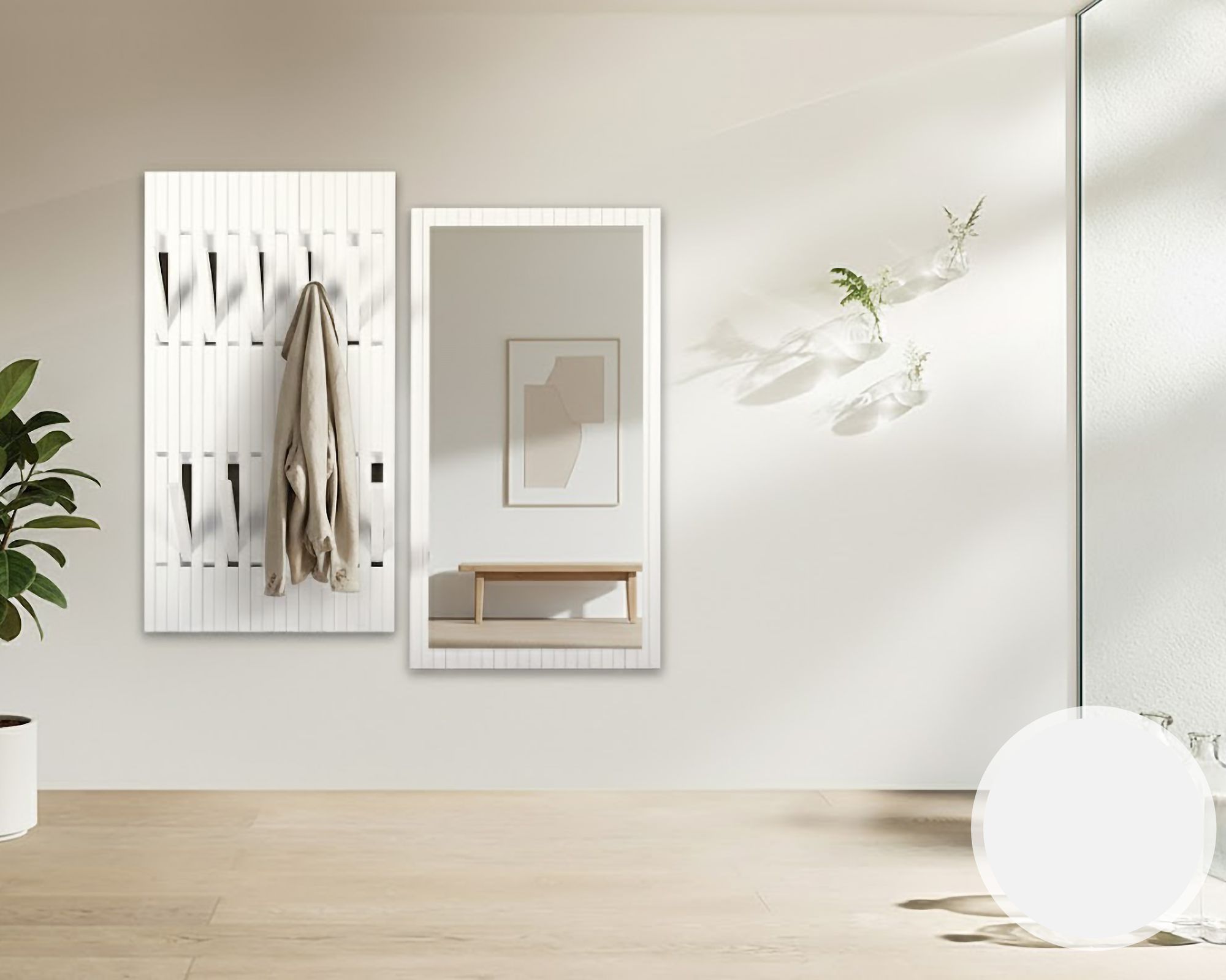 BlackWood »Piaforte weiss« Massivholz Design-Garderobe Spiegel / Weiss lackiert / 62,5 cm