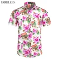 Chemise hawaïenne à manches courtes pour hommes chemise de plage à fleurs tropicales roses