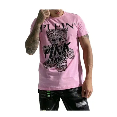 T-shirt manches courtes pour homme vêtement estival avec broderie ours en peluche strass rose