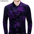 Mn-Chemise habillée à fleurs violettes pour hommes chemises en velours coupe couvertes manches