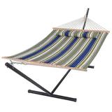 Arlmont & Co. 12ft Quilted Double Hammock w/ Steel Stand, Spreader Bars, & Detachable Pillows (450lb Capacity) Cotton in Green | Wayfair
