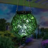 Exhart Solar Round Glass & Metal Hanging Lantern w/ 15 Cool White LED Firefly String Lights, 7 by 21" in Green | 8 H x 6.88 W x 6.88 D in | Wayfair