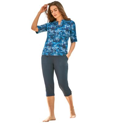 Plus Size Women's Three-Quarter Sleeve Swim Tee by Swim 365 in Blue Medallion (Size 38/40) Rash Guard