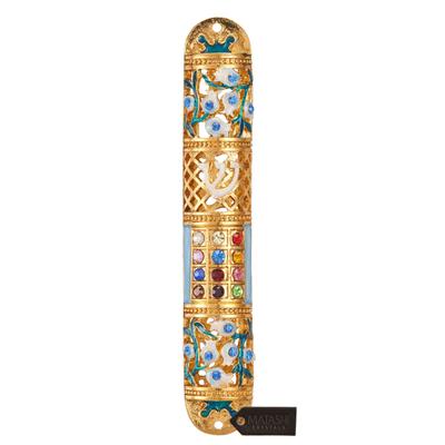 Matashi Hand Painted 6" Enamel Mezuzah Embellished with Multi Colored Crystals with Gold Accents and High Quality Crystals