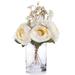 Enova Home Artificial Silk Beige Peony and Hydrangea Mixed Fake Flowers Arrangement in Clear White Vase with Faux Water
