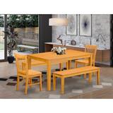 East West Furniture 5 Piece Modern Dining Table Set- a Rectangle Table and 2 kitchen Chairs with 2 Benches, Oak (Seat Options)