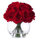 Enova Home Artificial 21 Heads Silk Roses Fake Flowers Arrangement in Round Clear Glass Vase with Faux Water for Home Decoration