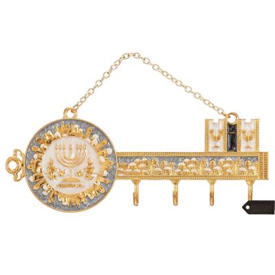 Matashi Hand-Painted Grey and Ivory Enamel Menorah Jerusalem Cityscape Design Decorative Hanging Wall Hooks Bedroom Decor