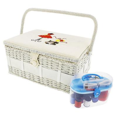 Vintage Sewing Basket Organizer Box Kit with Hand Sewing Supplies, Rectangular