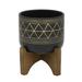 5" Black Gold Ceramic Geometric W/Wood Stand Planter Pot Mid Century