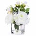 Enova Home 3 Large Artificial Silk Roses Fake Flowers Arrangement in Clear Glass Vase with Faux Water for Home Office Decoration