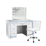 Glam-Crystal White 7-Drawer LED Makeup Station w Stool and Hollywood Mirror - Glossy White