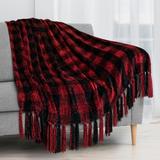 Chenille Knitted Throw Blanket Plaid Red/Black