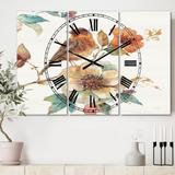 Designart 'Farmhouse Bird on Flower Branch' Cottage 3 Panels Oversized Wall CLock - 36 in. wide x 28 in. high - 3 panels