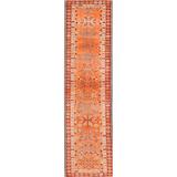 Orange Geometric Anatolian Oriental Runner Rug Handmade Wool Carpet - 2'9" x 10'2"