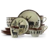 Elama Moose Lodge16 Piece Round Stoneware Dinnerware Set in Taupe