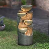 Modern Gray Cement Tiered Bowls Outdoor Fountain with Lights