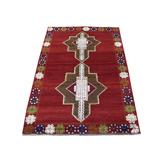 Shahbanu Rugs Red Colorful Afghan Baluch Tribal Design Hand Knotted Pure Wool Oriental Rug (3'7" x 4'10") - 3'7" x 4'10"