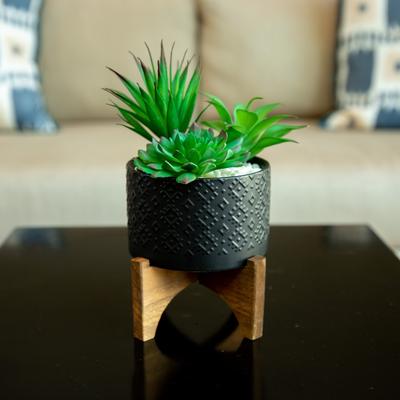 Mid-Century 5" Indian Ceramic Planter ON WOOD STAND, MATTE BLACK