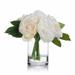 Enova Home Cream Artificial Silk Hydrangea Roses and Peony Mixed Fake Flowers in Clear Glass Vase with Faux Water for Home Decor