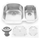Premium Undermount 16 Gauge Stainless Steel 31.5" 65/35 Double Bowl Kitchen Sink with Grid and strainer