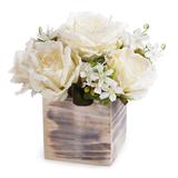Enova Home Mixed Artificial Silk Roses Fake Flowers Arrangement in Natural Wood Planter for Home Wedding Decoration